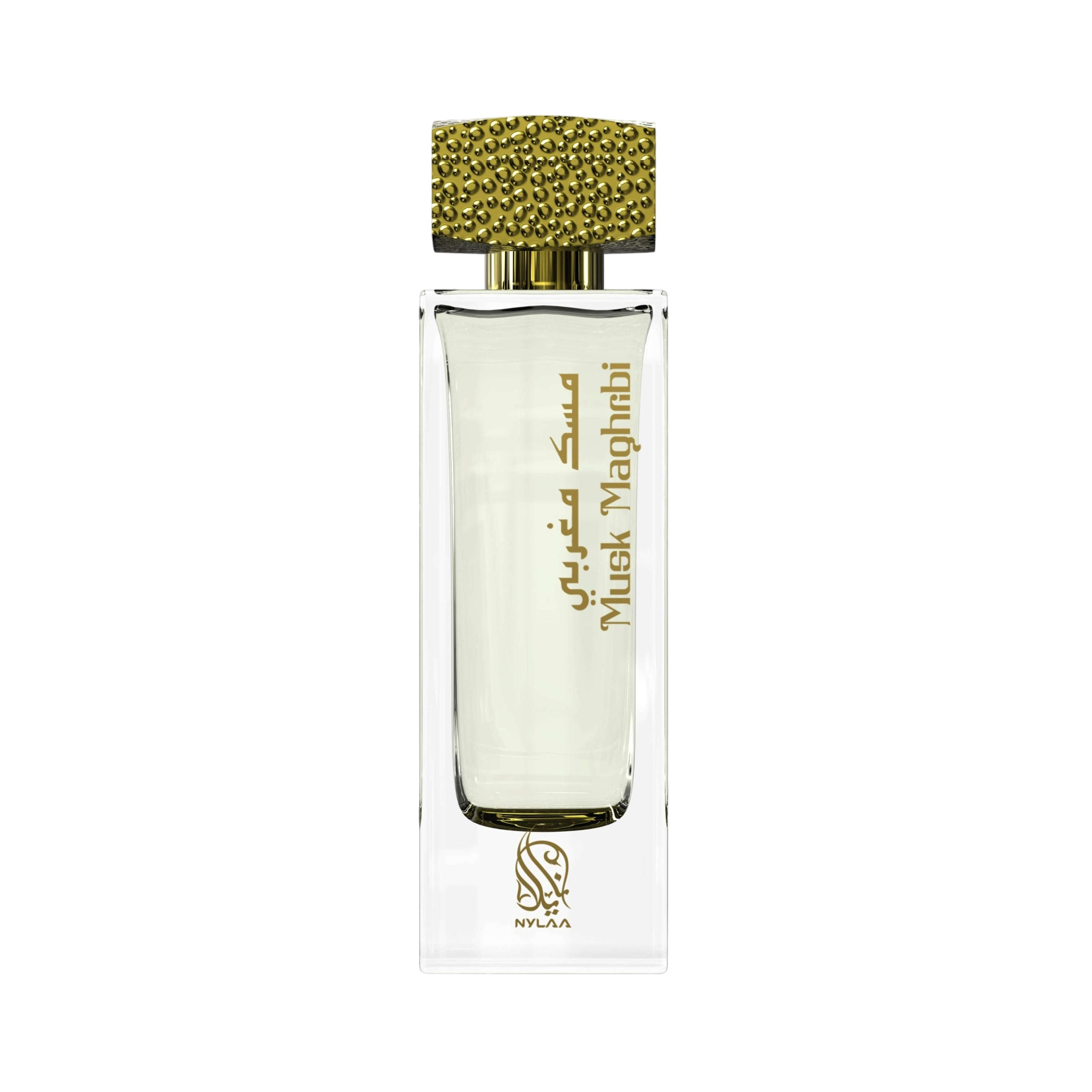 A transparent white perfume bottle by Savia Exclusive with a golden cap