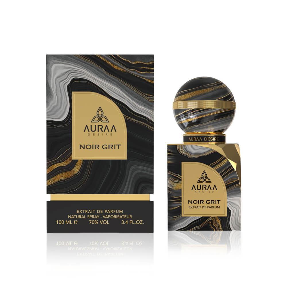 A black & grey perfume bottle with box from Auraa Desire by Savia Exclusive