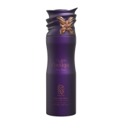 A purple body spray bottle with a white background by Savia Exclusive