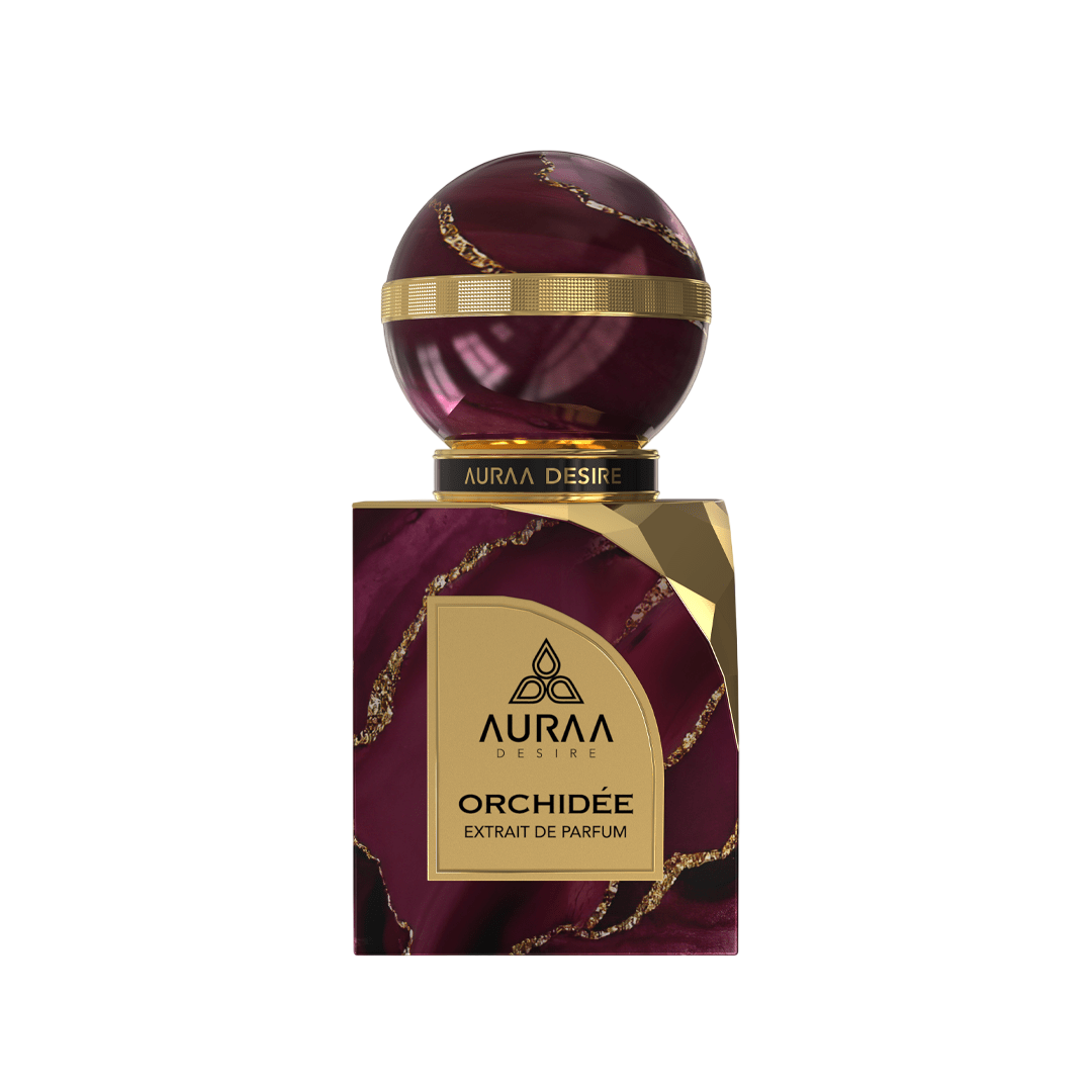 A maroon & golden perfume bottle by Savia Exclusive with white background