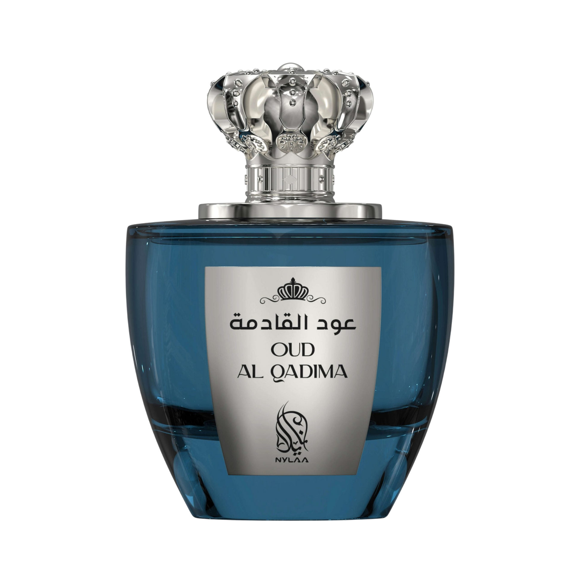 A blue perfume bottle with a silver cap by Savia Exclusive
