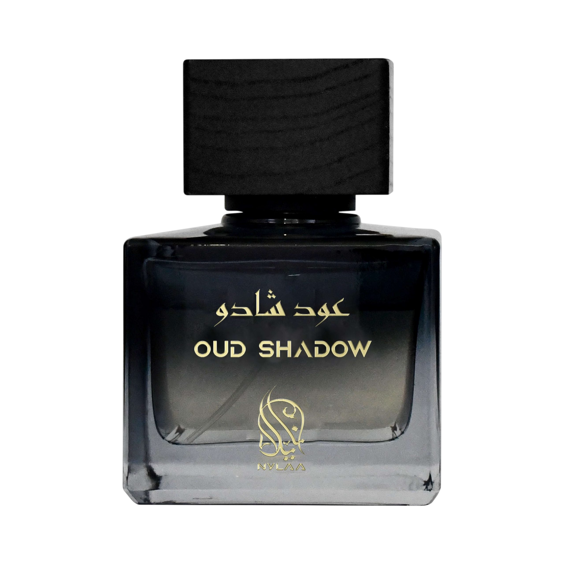 A grey & black perfume bottle by Savia Exclusive with a black cap