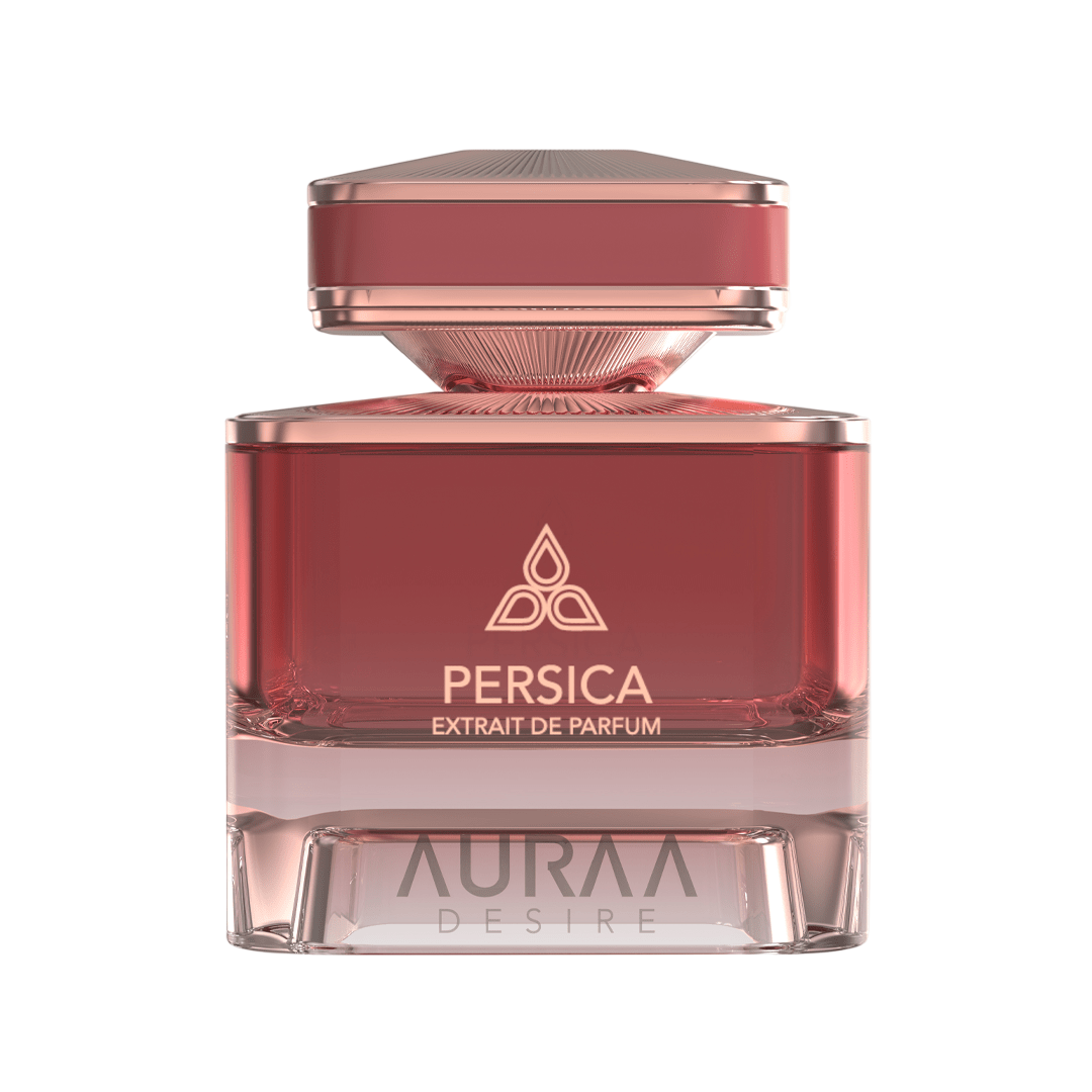 A pink & golden perfume bottle by Savia Exclusive with white background