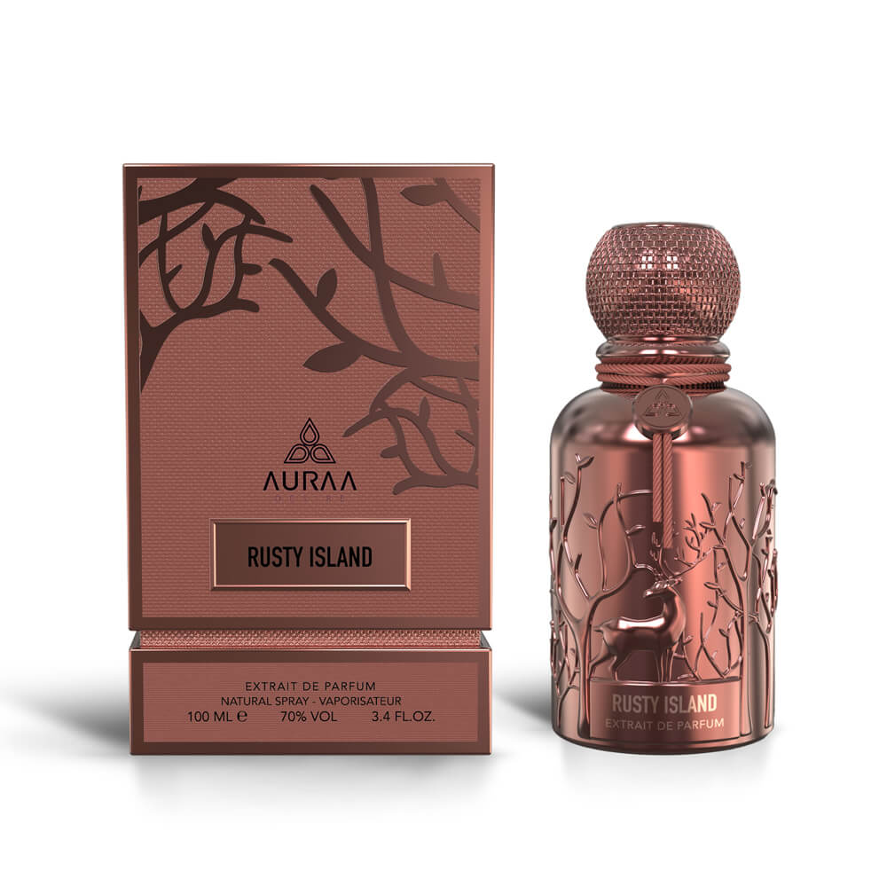 An rusty oud inspired perfume bottle with box from Auraa Desire by Savia Exclusive