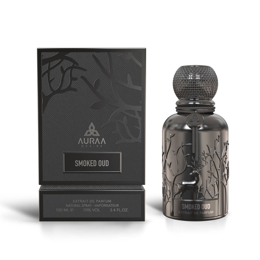 An black oud inspired perfume bottle with box from Auraa Desire by Savia Exclusive