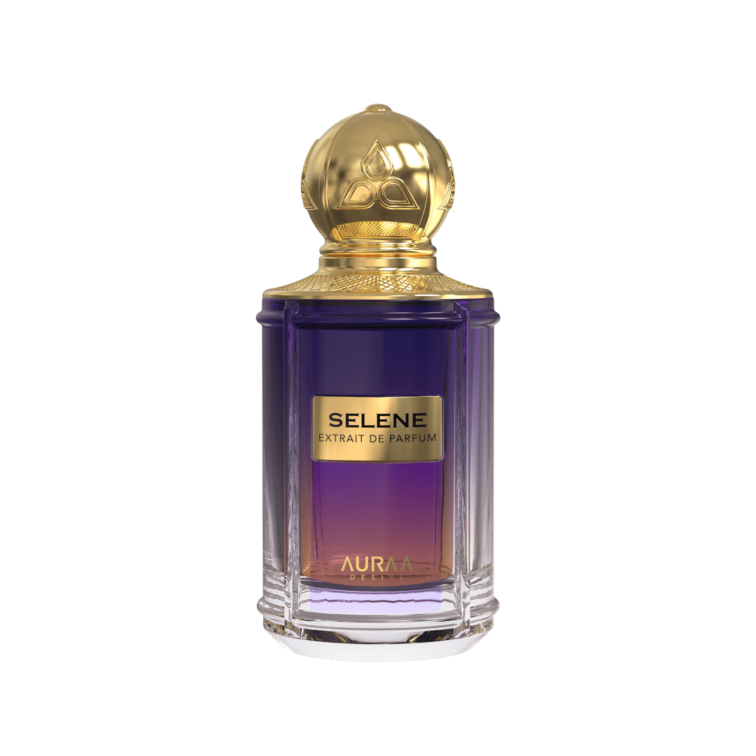 A purple perfume bottle by Savia Exclusive with a golden cap & white background