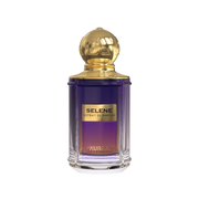 A purple perfume bottle by Savia Exclusive with a golden cap & white background