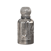 A silver perfume bottle by Savia Exclusive with white background