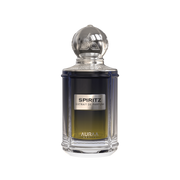 A green & black perfume bottle by Savia Exclusive wih a silver cap & white background