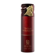 A red body spray bottle with a white background by Savia Exclusive