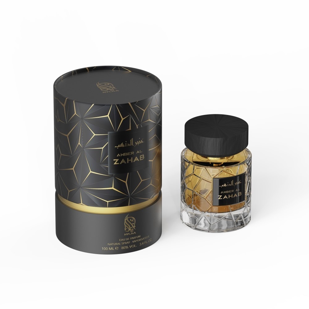 A transparent golden perfume bottle with box from Nylaa by Savia Exclusive with a black cap