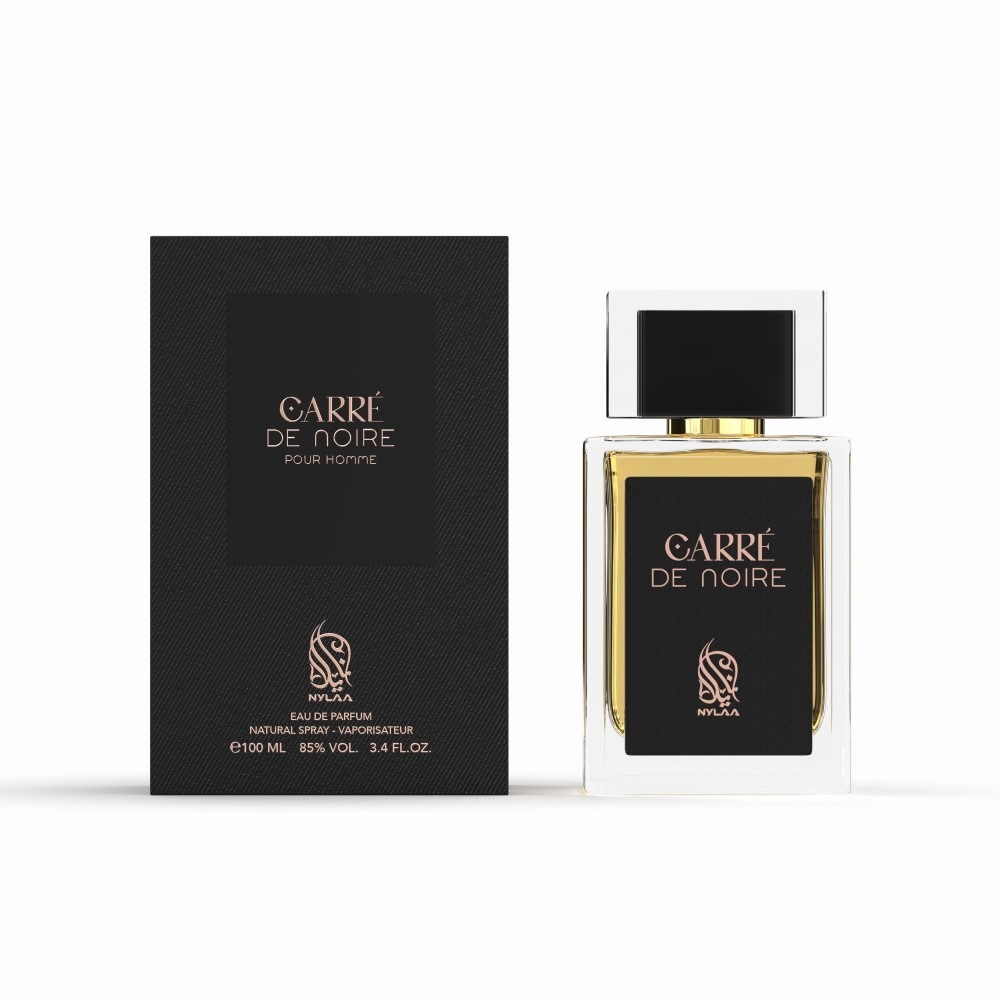 A black & golden perfume bottle with box from Nylaa by Savia Exclusive with white background