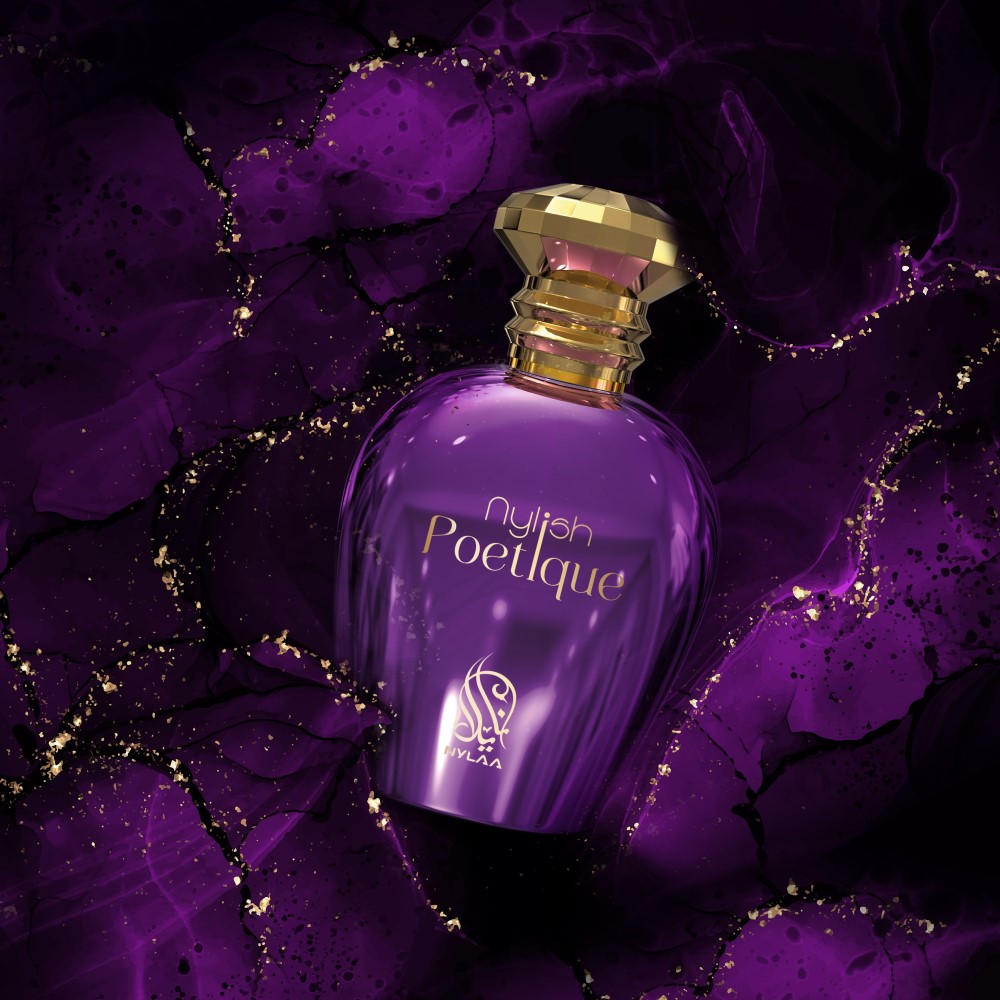 A purple perfume bottle poster from Nylaa by Savia Exclusive