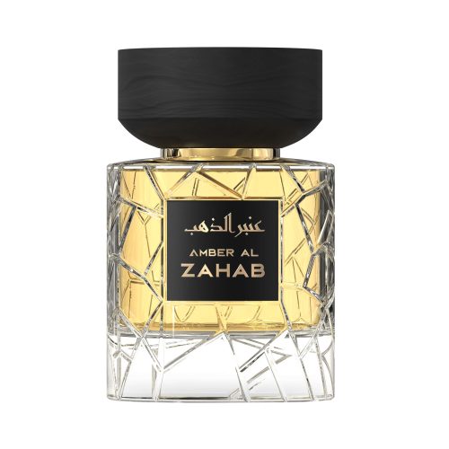 A transparent golden perfume bottle by Savia Exclusive with a black cap