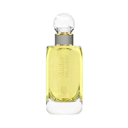 A light yellow perfume bottle by Savia Exclusive with a crystal cap