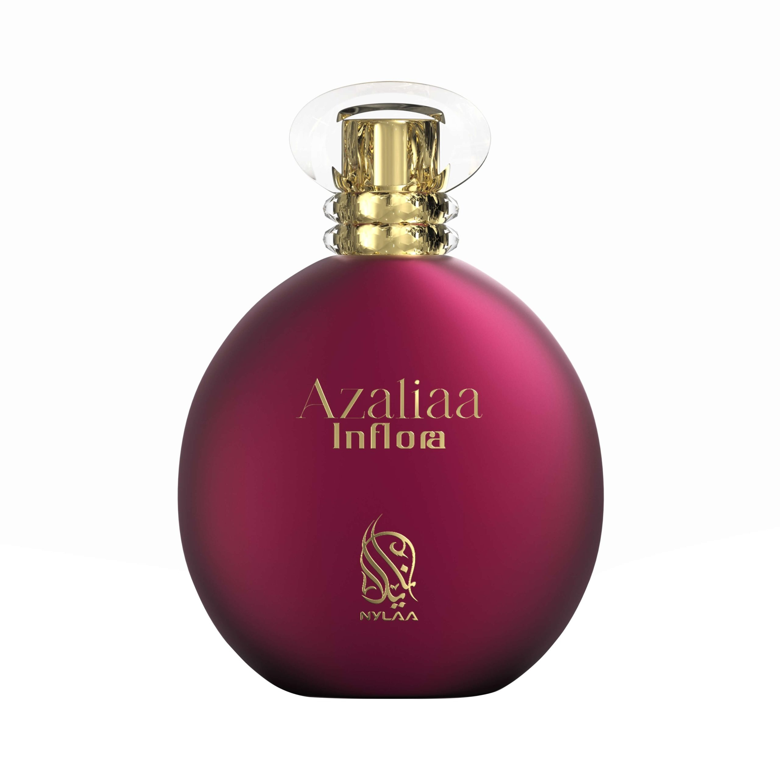 A round burgandy perfume bottle by Savia Exclusive with white background