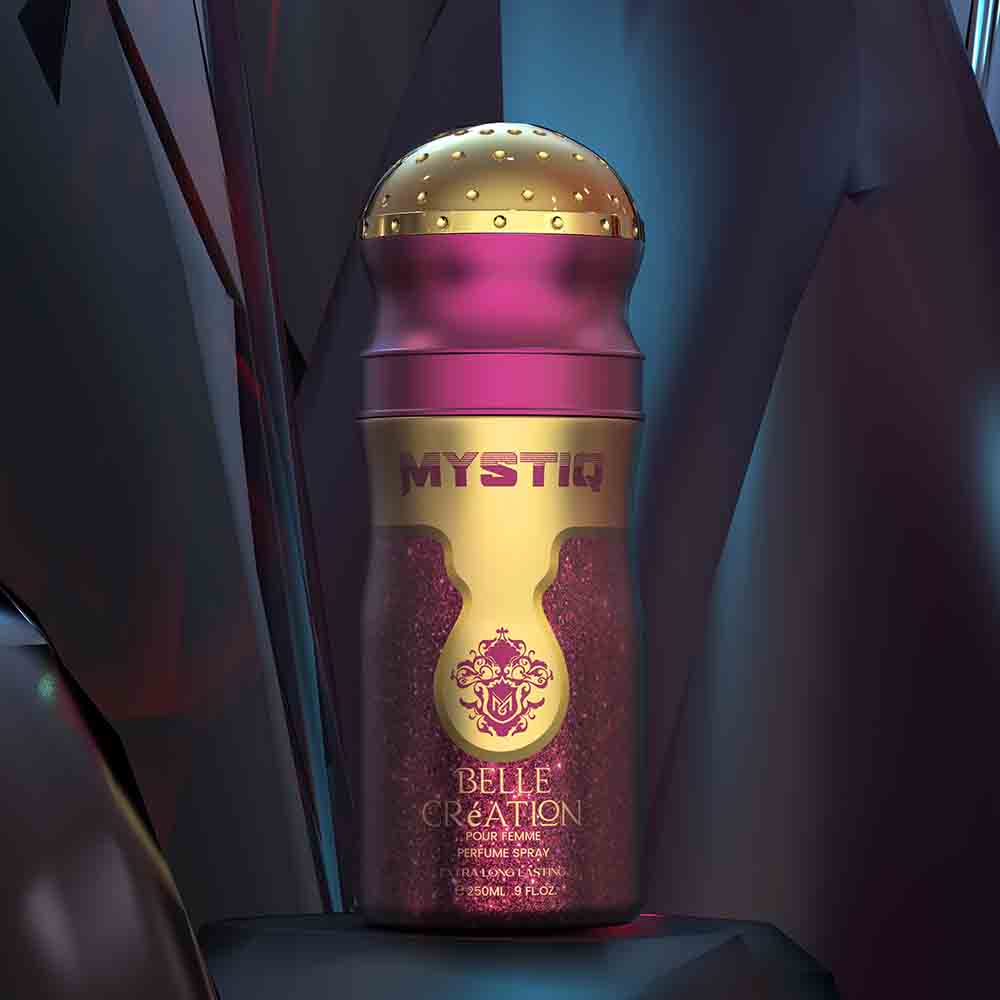 A pink perfume body spray creative poster from Mystiq by Savia Exclusive