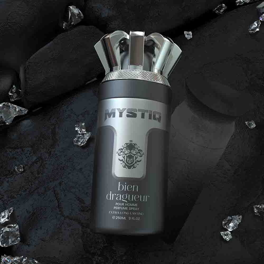 A black perfume body spray creative poster from Mystiq by Savia Exclusive