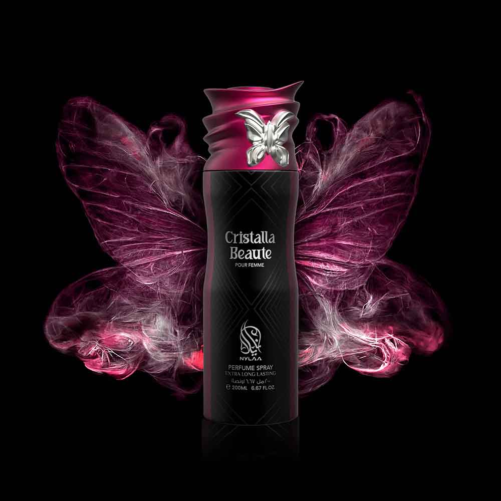 A black & pink body spray bottle poster with butterfly wings from Nylaa by Savia Exclusive