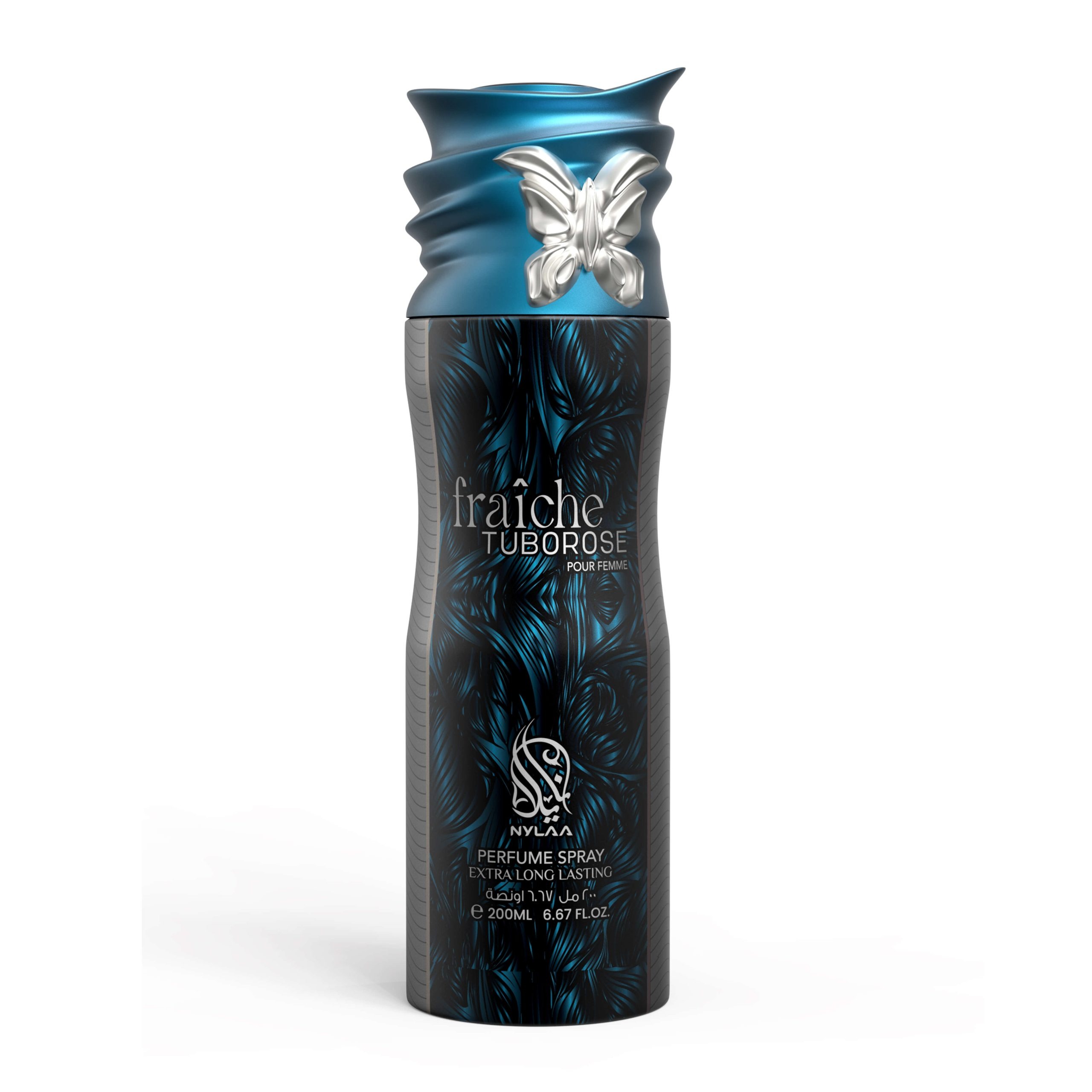 A black & blue body spray bottle with white background by Savia Exclusive