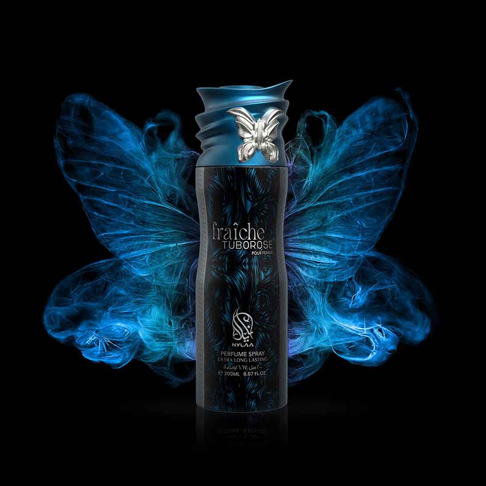 A black & blue body spray bottle creative poster from Nylaa by Savia Exclusive