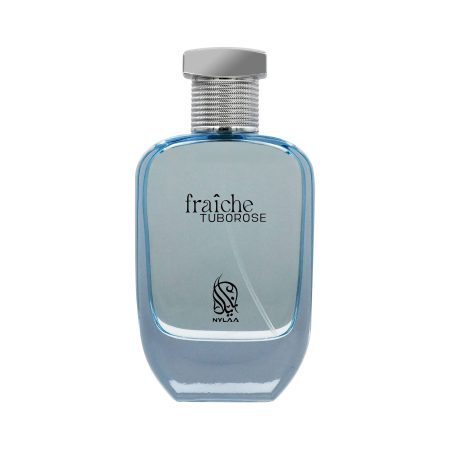 A light blue transparent perfume bottle by Savia Exclusive with white background