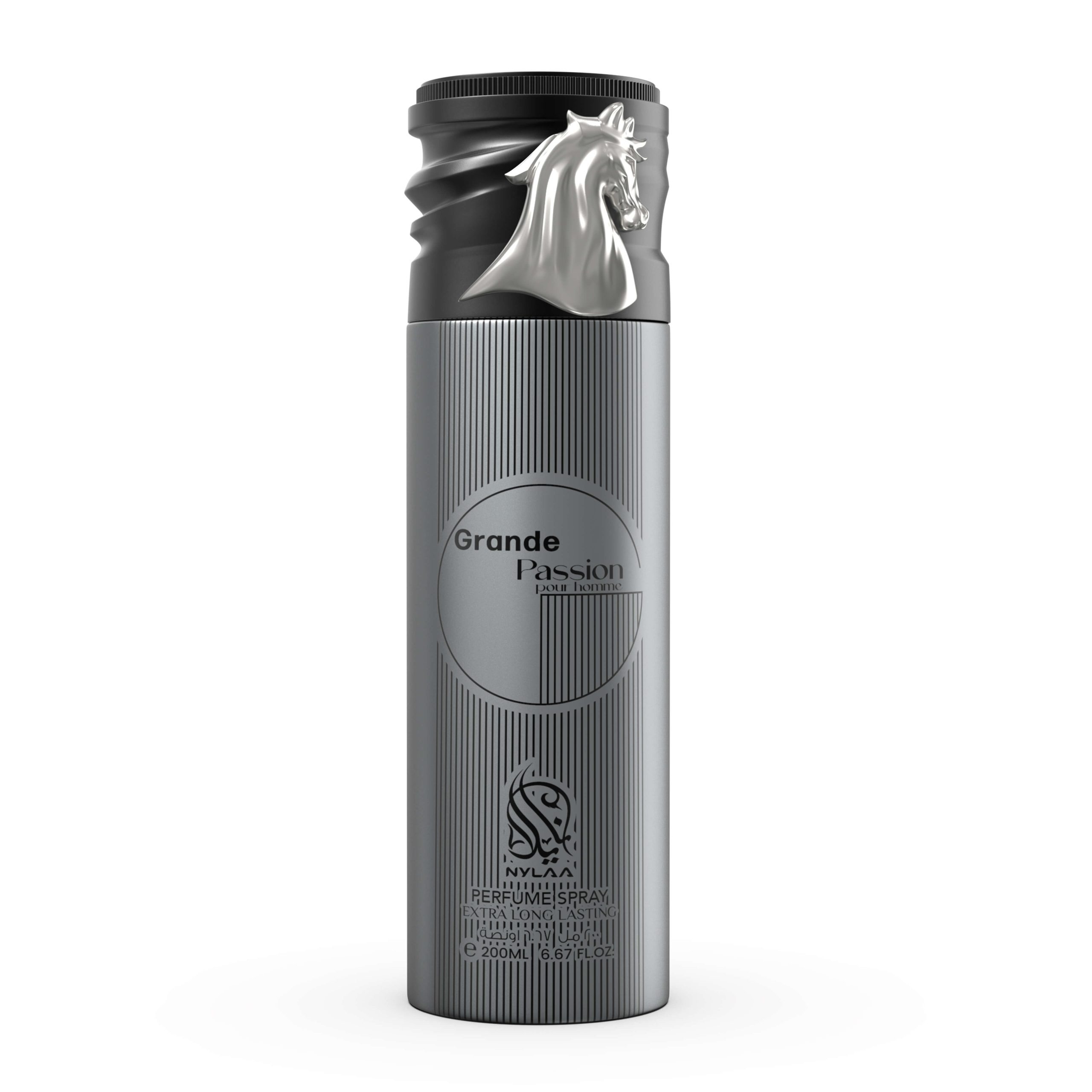 A grey & black body spray bottle with white background by Savia Exclusive