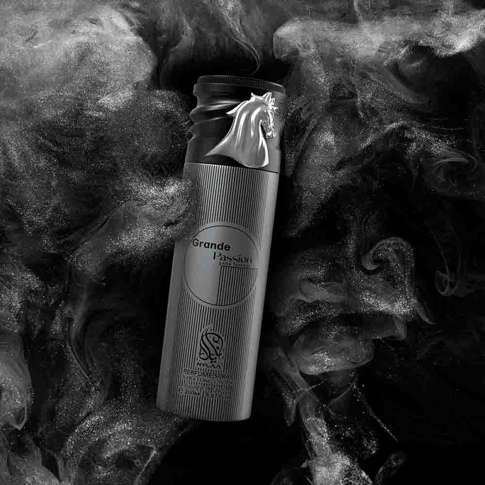 A grey & black body spray bottle from Nylaa by Savia Exclusive