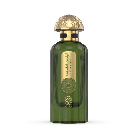 A green & golden perfume bottle by Savia Exclusive with white background