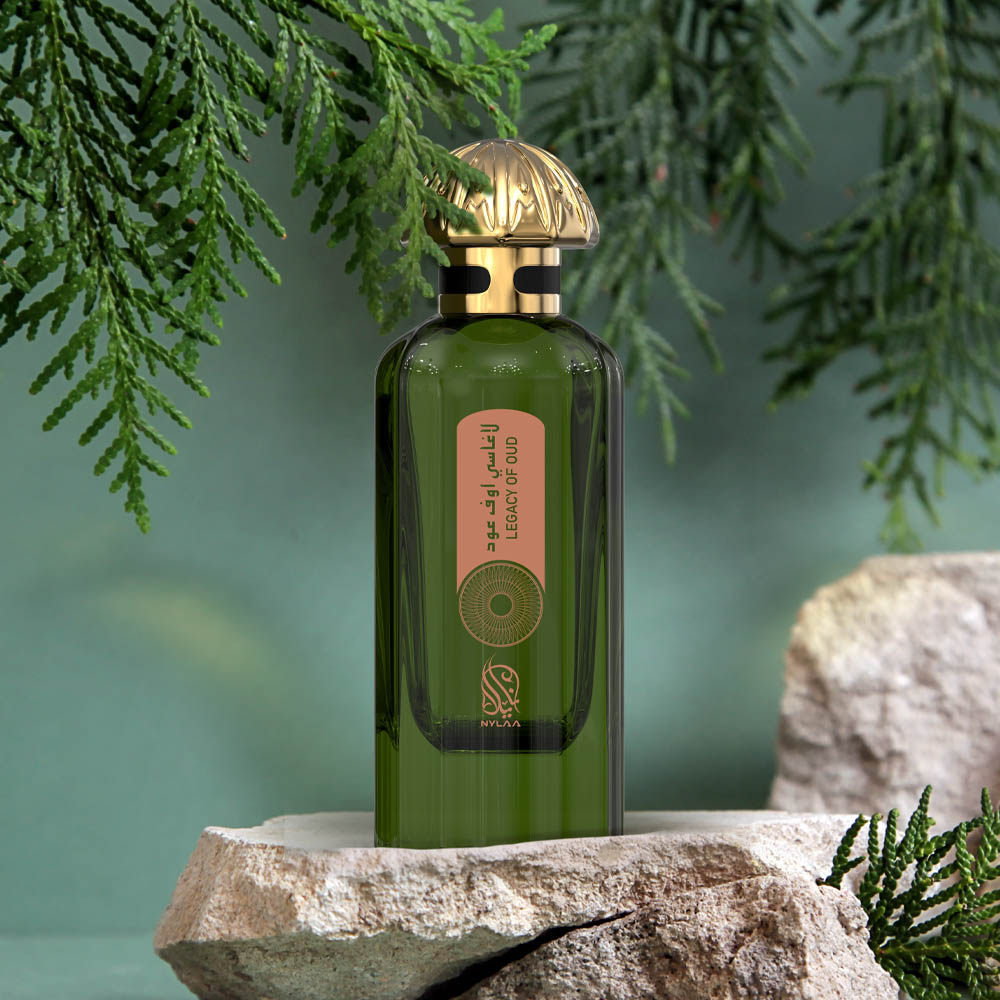 A green perfume bottle poster by Savia Exclusive with a golden cap with green branches dripping