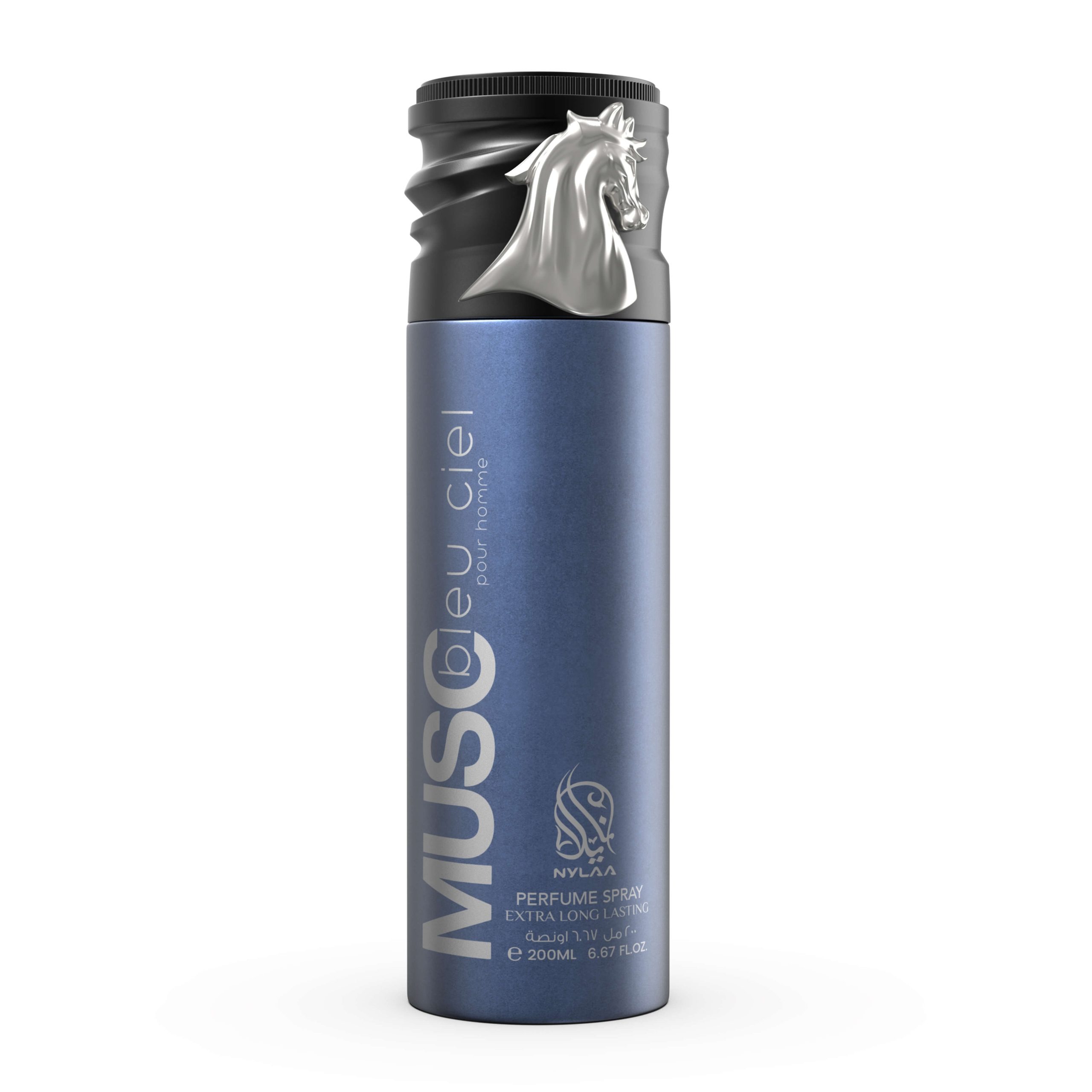 A blue body spray bottle with a black cap by Savia Exclusive