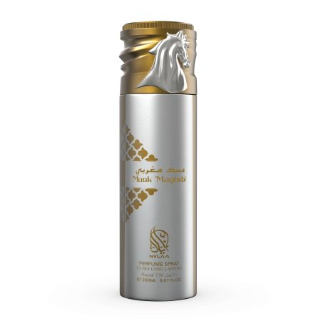 A silver & golden body spray bottle by Savia Exclusive with a golden cap