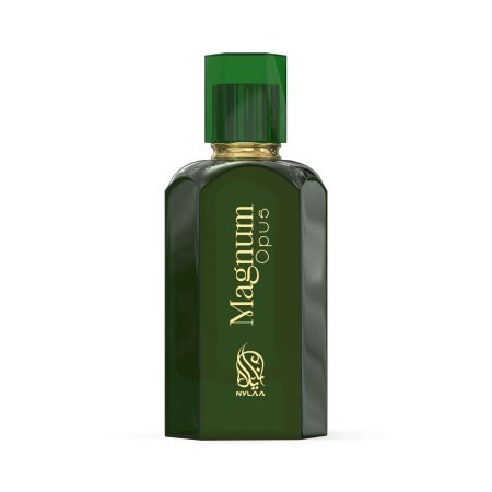 A green perfume bottle by Savia Exclusive with white background