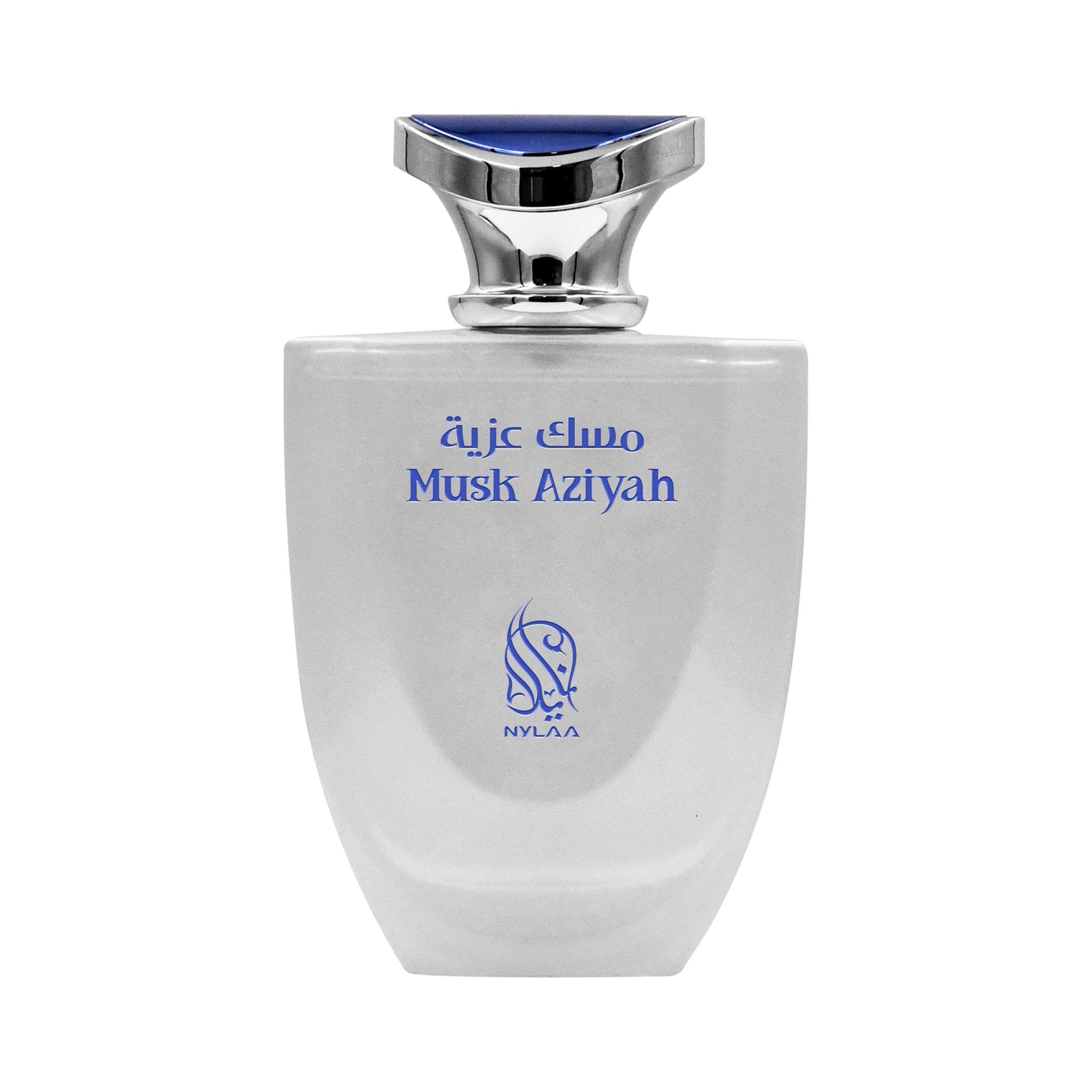 A white & blue perfume bottle by Savia Exclusive with white background