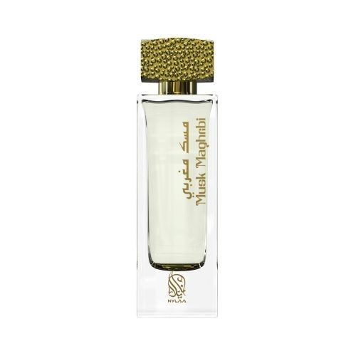 A transparent white perfume bottle by Savia Exclusive with a golden cap