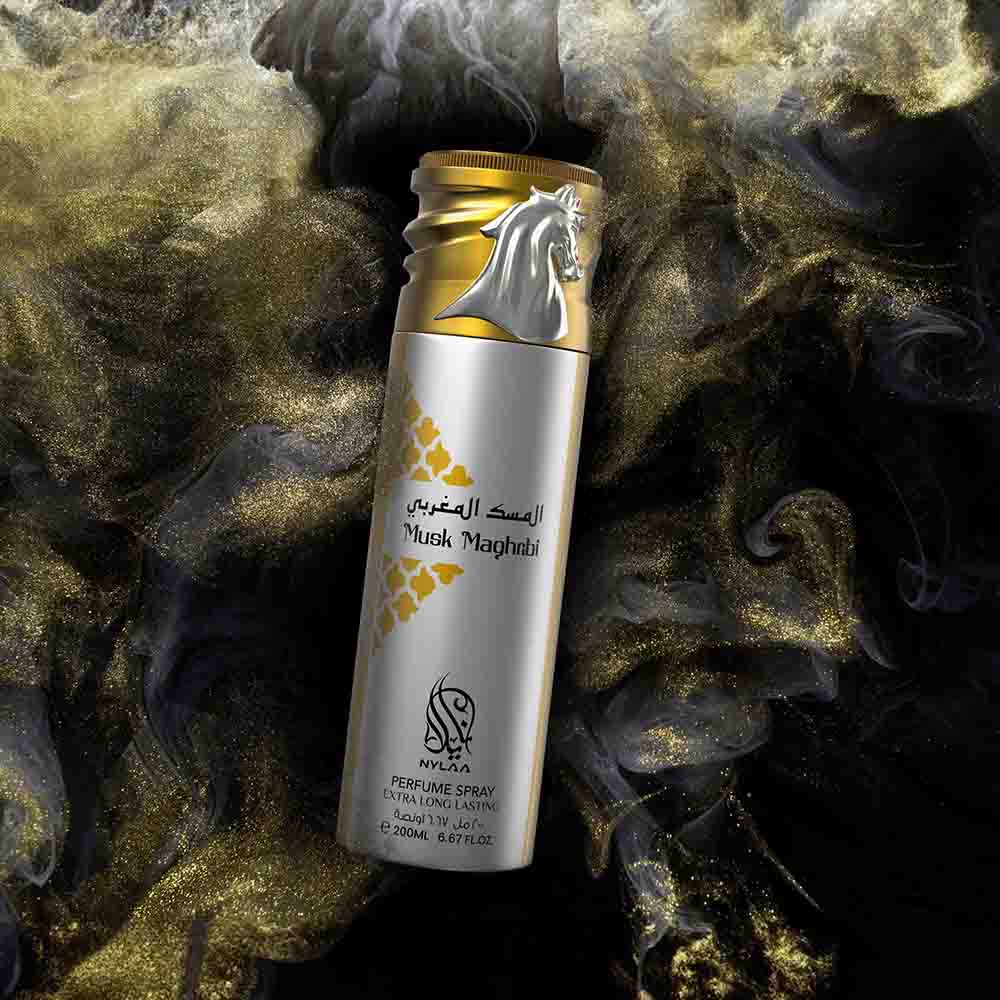 A silver & golden body spray bottle poster from Nylaa by Savia Exclusive with a golden cap