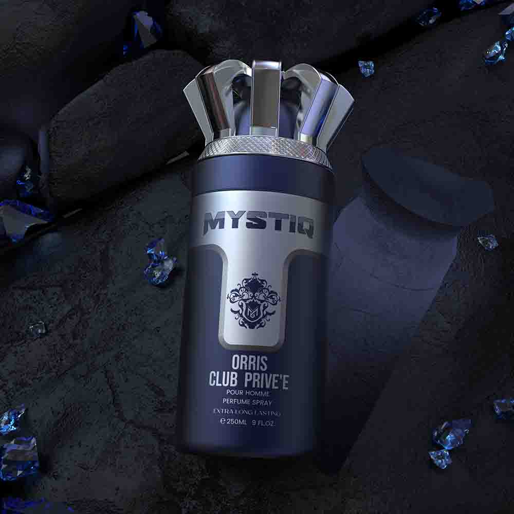 A dark blue perfume body spray creative poster from Mystiq by Savia Exclusive