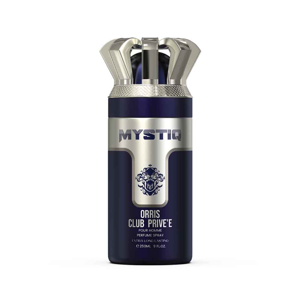 A dark blue perfume body spray from Mystiq by Savia Exclusive