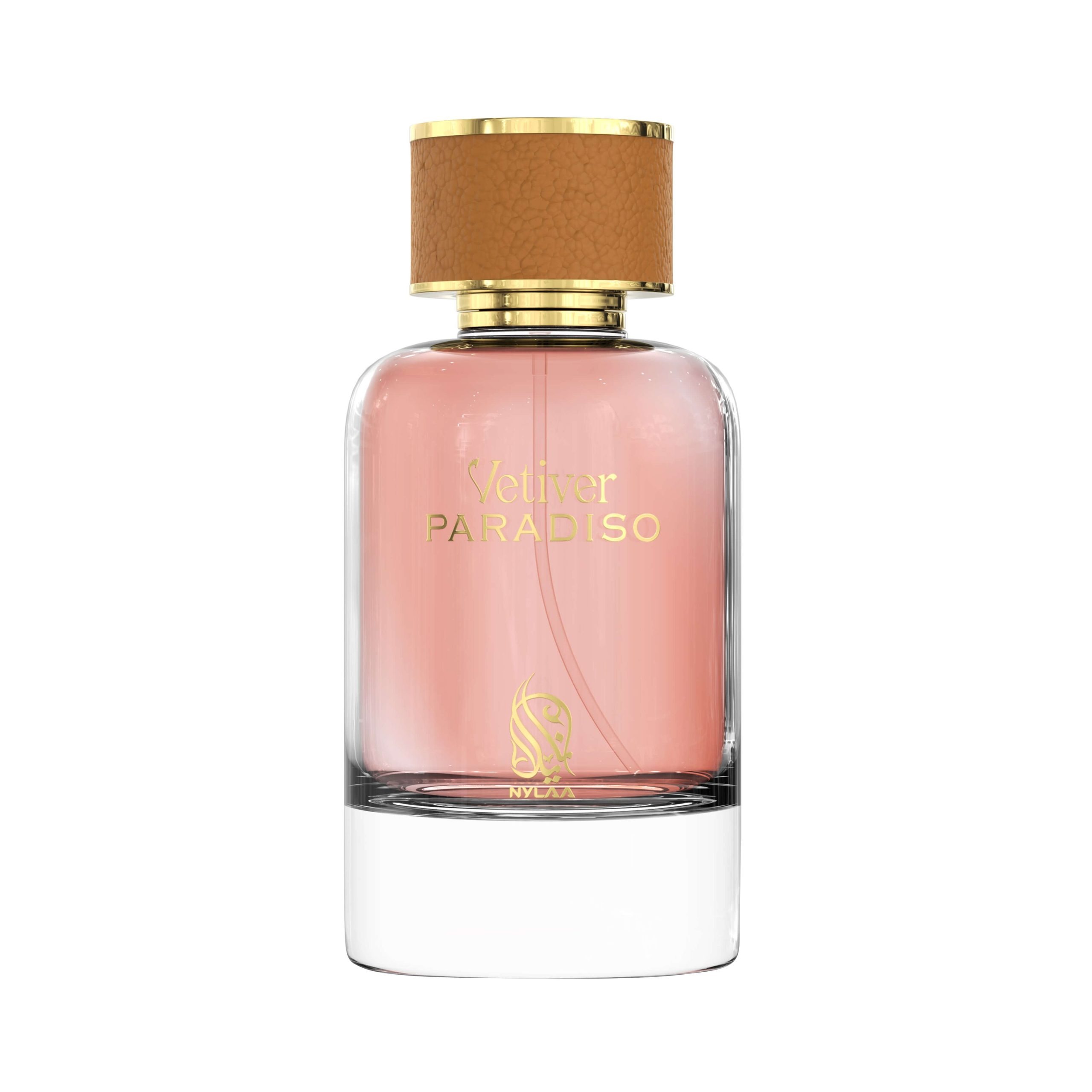 A transparent light pink perfume bottle by Savia Exclusive with white background