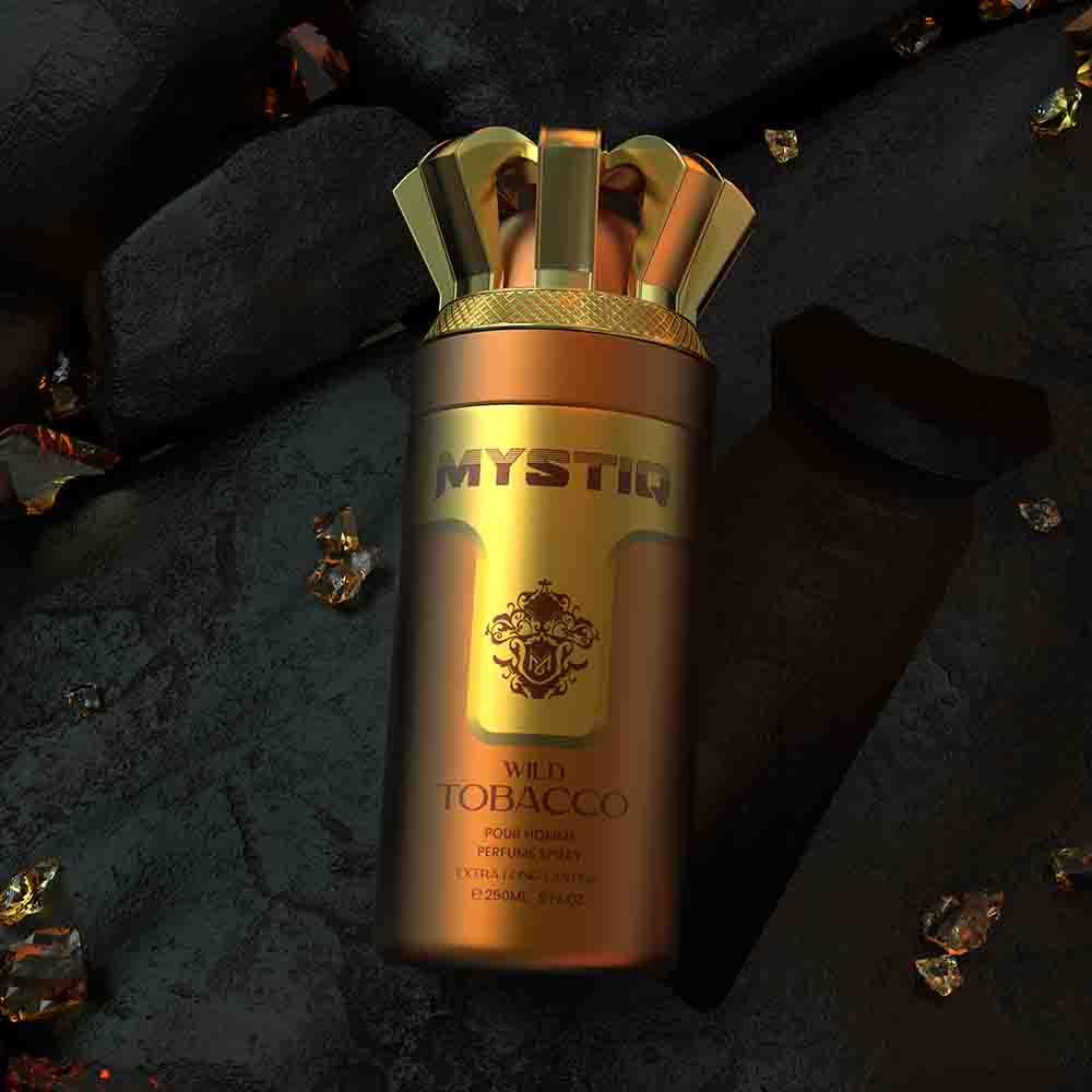 An orange perfume body spray creative poster from Mystiq by Savia Exclusive