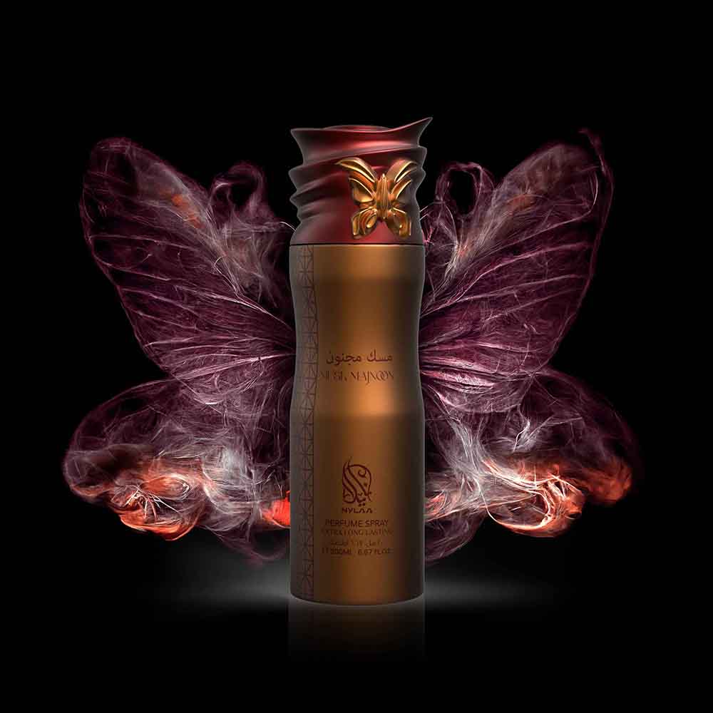 A brown body spray bottle with butterfly wings with by Savia Exclusive