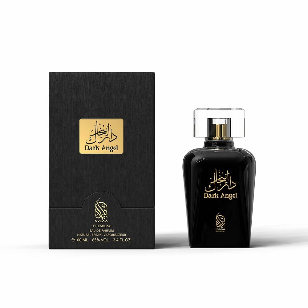 A black perfume bottle with a box from Nylaa by Savia Exclusive