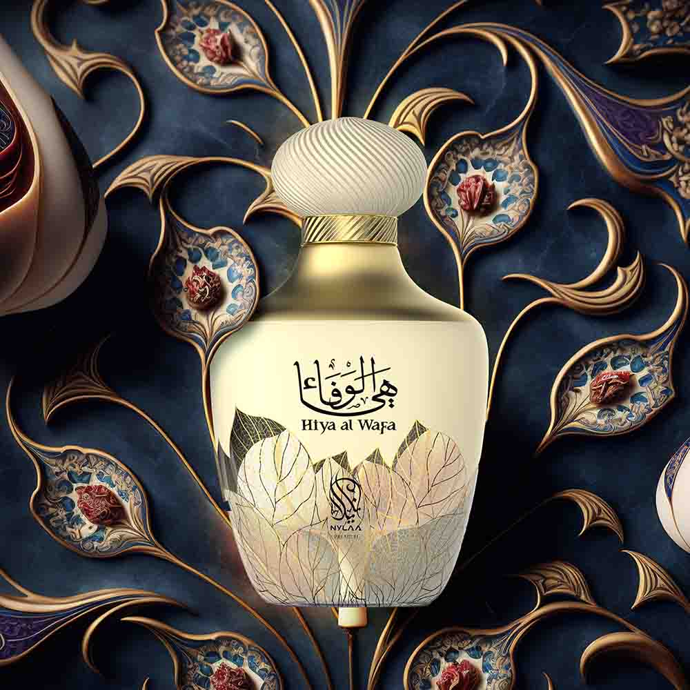 A white perfume bottle from Nylaa by Savia Exclusive with a floral background