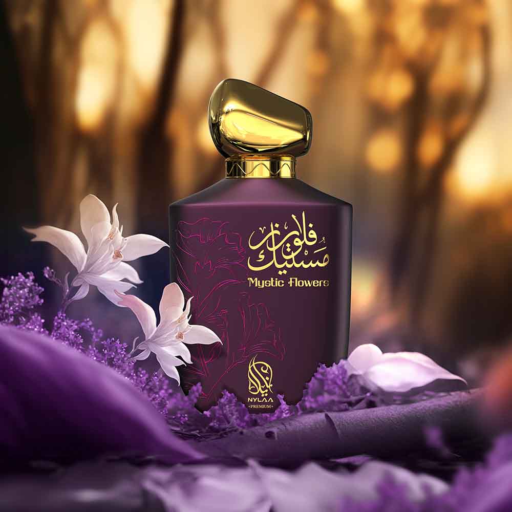 A purple perfume bottle poster from Nylaa by Savia Exclusive in a forest with purple flowers