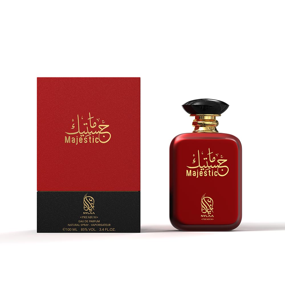 A red perfume bottle with box from Nylaa by Savia Exclusive