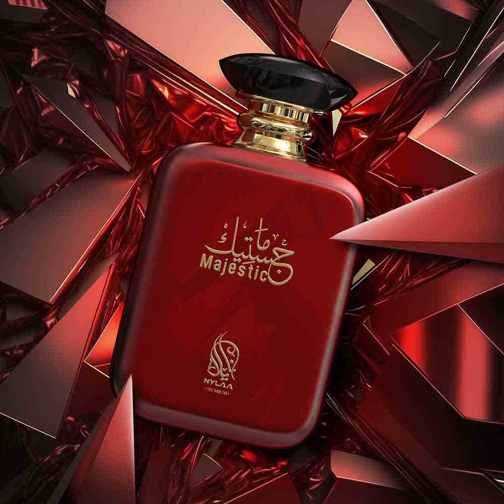 A red perfume bottle poster from Nylaa by Savia Exclusive