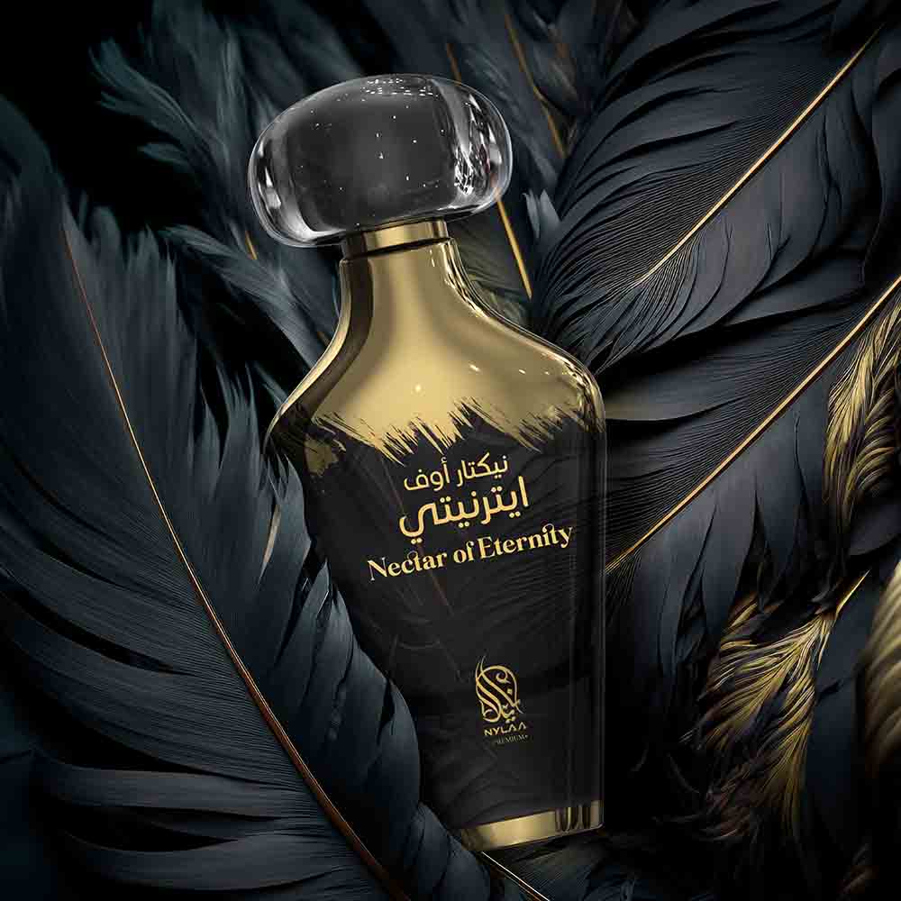 A black & golden perfume bottle poster with black feathers from Nylaa by Savia Exclusive