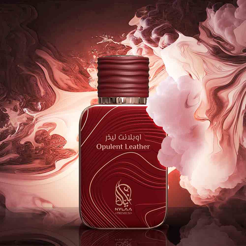 A red perfume bottle from Nylaa by Savia Exclusive with pink floral background