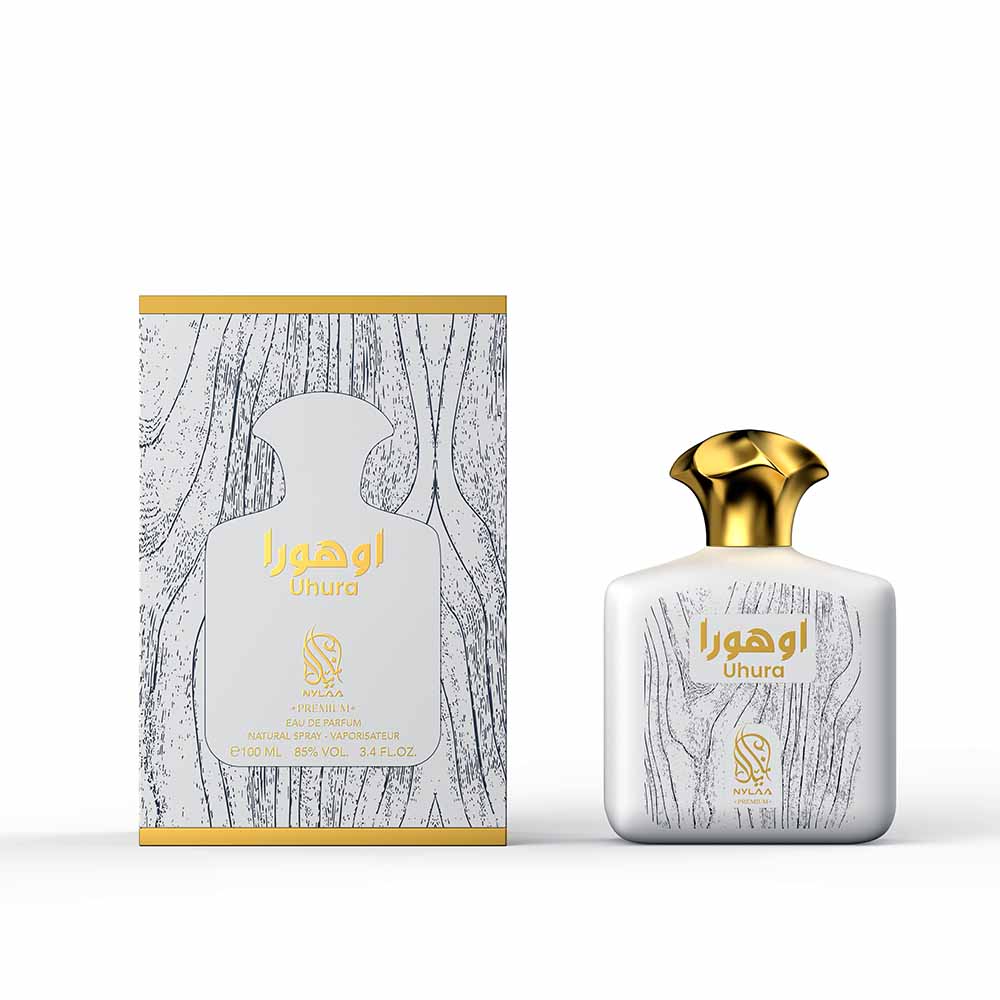 A white perfume bottle with box from Nylaa by Savia Exclusive