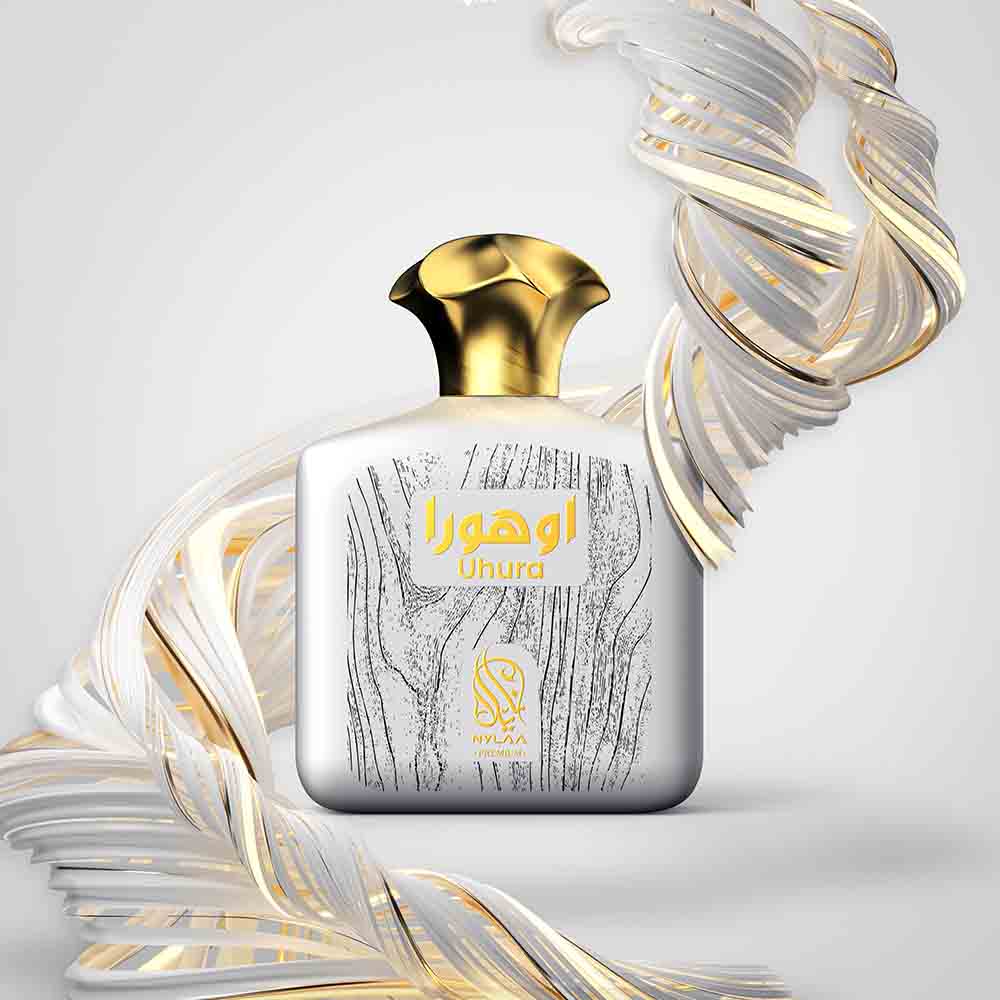 A white perfume bottle poster with golden cap from Nylaa by Savia Exclusive